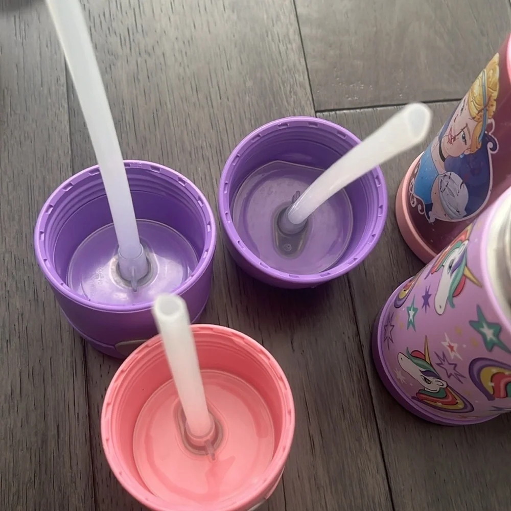 Thermos straw water cups unicorn and Disney princess set with kids portion plate